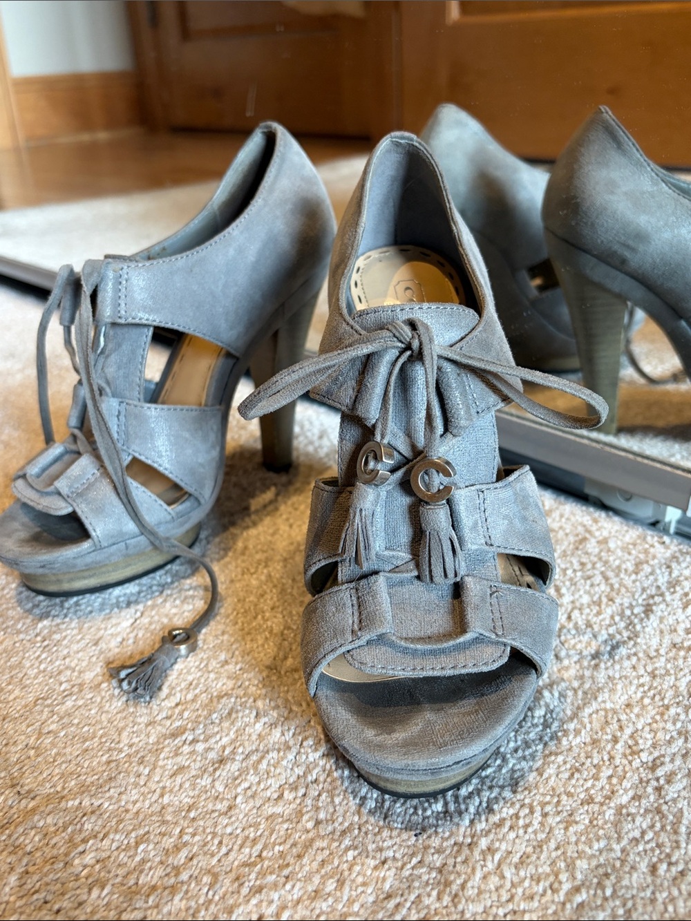 Coach Gray Suede Lace-Up Peep-Toe Heels